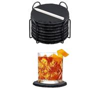 Set 8 Pezzi Sottobicchieri Rotondi In Ardesia 10 Cm Colore Nero Pietra Naturale Certificati Contatto Alimentare Con Gessetto Supporto Metallo Gommini Antiscivolo Sottobicchiere
