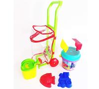 SET 8PZ CARRELLO CON SECCHIELLO PALETTA RASTRELLO FORMINE SABBIA GIOCO SPIAGGIA