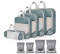 Set 9 Organizer Valigia a Compressione Grigio, Cubi Organizzatori con Rete, Sacche Organizza Valigia XL L M S, Custodia per Calze e 4 Sacche per Scarpe in Tessuto Non Tessuto per Viaggi e Vacanze