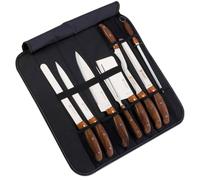 Set 9 Pezzi Coltelli da Cucina Professionali in Acciaio Inox con Custodia - Set Coltello Chef, Mannaia, Forchettone, Affilacoltelli e Lame per Carne, Pane, Disosso - Manico Ergonomico Effetto Legno