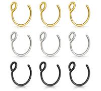Set 9 Pezzi Piercing Finti,Cerchio per Naso,Labbro,Setto,Orecchio,Helix,Cartilagine in Acciaio Inox,3 Colori,Anelli Non Perforati per Setto e Labbra,Piercing Septum Finto