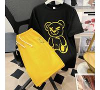 Set a 2 pezzi composto da maglietta a maniche corte con collo tondo e stampa di orso e pantaloncini casual per ragazzi adolescenti 14Y,13Y,16Y,15YAnimale,Fumetto,LettereTessuto in maglia