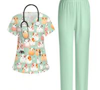 Set a 2 pezzi con stampa di criceto carino, scollo a V, maniche corte, tasche e design orecchie a pendente, adatto per donne, divisa da infermiera primaverile/estiva, tuta casual, completo uniforme L,