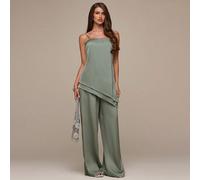 Set a due pezzi con canotta e pantaloni a gamba larga in raso verde salvia, outfit per vacanze, brunch, crociera, festività L,M,S,XL,XS,XXL,XXS,XXXL,XXXXLColore unicoTessuto intrecciato