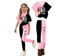 Set Abbigliamento Bambina Estivo Casual Composto da Maglietta a Maniche Corte e Pantaloni Lunghi con Stampa Grafica Urban Style K-pop, Completo Sportivo in Cotone Morbido B03 110