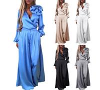 Set abito da donna elegante in raso coordinato a 2 pezzi, con scollo a V profondo, maniche lunghe, pantaloni a gamba larga eleganti con tasche, tinta unita, tuta formale oversize da salotto, Blu, M