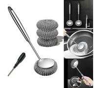 Set abrasivo in acciaio inox con spazzola a manico lungo, sfera in acciaio, cacciavite, spugnetta abrasiva in metallo, rimuove grasso, olio e sporco da pentole, piatti e prodotti da forno (B)