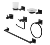 Set accessori a muro 6 pezzi in vetro e acciaio nero opaco e viti incluse Levan
