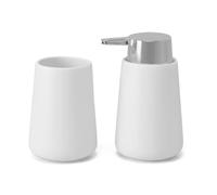 Set Accessori Bagno 2 Pezzi In Ceramica Bianco E Cromo - Dispenser Sapone 280 ml E Portaspazzolini Design Tondo Antibatterico - Linea Sidney