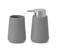 Set Accessori Bagno 2 Pezzi In Ceramica Grigia E Cromo - Dispenser Sapone 280 ml E Portaspazzolini Design Tondo Antibatterico - Linea Sidney