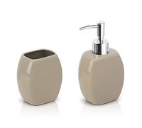 Set Accessori Bagno 2 Pezzi in Ceramica, Kit Accessori da appoggio, Include Dispenser Sapone e portaspazzolini (Tortora)