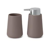 Set Accessori Bagno 2 Pezzi In Ceramica Tortora E Cromo - Dispenser Sapone 280 ml E Portaspazzolini Design Tondo Antibatterico - Linea Sidney