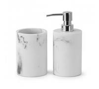 Set Accessori Bagno 2 Pezzi Linea Ivy Dispenser Sapone E Portaspazzolino Finitura Effetto Marmo Bianco In Resina Durevole Da Appoggio