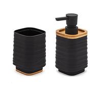 Set Accessori Bagno 2 Pezzi Nero, Dispenser e portaspazzolini, in ABS e bambù Naturale, Linea Wave (Set 2)
