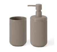 Set Accessori Bagno 2 Pezzi Tortora Cannettato Con Dispenser E Porta Spazzolini - Linea Arizona | D 7,5 X H 12 Cm