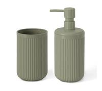 Set Accessori Bagno 2 Pezzi Verde Cannettato Con Dispenser E Porta Spazzolini - Linea Arizona | D 7,5 X H 12 Cm