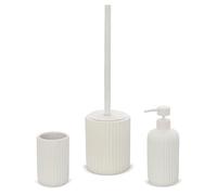 Set Accessori Bagno 3 Pezzi in Ceramica Bianco cannettato, Dispenser Sapone portaspazzolini e portascopino Soft Touch, Spring