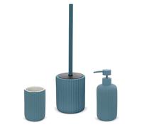 Set Accessori Bagno 3 Pezzi in Ceramica Blu Pastello cannettato, Dispenser Sapone portaspazzolini e portascopino Soft Touch, Spring