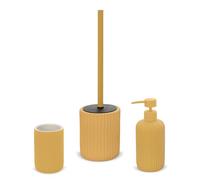 Set Accessori Bagno 3 Pezzi in Ceramica Giallo cannettato, Dispenser Sapone portaspazzolini e portascopino Soft Touch, Spring