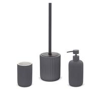 Set Accessori Bagno 3 Pezzi in Ceramica Grigio cannettato, Dispenser Sapone portaspazzolini e portascopino Soft Touch, Spring