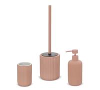 Set Accessori Bagno 3 Pezzi in Ceramica Rosa cannettato, Dispenser Sapone portaspazzolini e portascopino Soft Touch, Spring