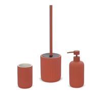 Set Accessori Bagno 3 Pezzi in Ceramica Rosso Mattone cannettato, Dispenser Sapone portaspazzolini e portascopino Soft Touch, Spring