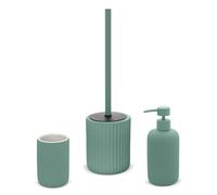 Set Accessori Bagno 3 Pezzi in Ceramica Verde cannettato, Dispenser Sapone portaspazzolini e portascopino Soft Touch, Spring