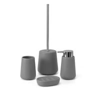 Set Accessori Bagno 4 Pezzi In Ceramica Grigio E Cromo - Dispenser Sapone, Portaspazzolini, Portasapone E Porta scopino WC Antibatterico - Linea Sidney