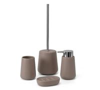 Set Accessori Bagno 4 Pezzi In Ceramica Tortora E Cromo - Dispenser Sapone, Portaspazzolini, Portasapone E Porta scopino WC Antibatterico - Linea Sidney