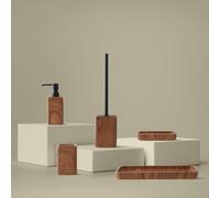 Set Accessori Bagno 5 Pezzi con Dispenser Sapone Liquido, Bicchiere Porta Spazzolini, Porta Saponetta E Porta Scopino WC in Poliresina Effetto Legno della Linea Radici (SET COMPLETO)