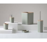 Set Accessori Bagno 5 Pezzi in Plastica e Bambù, Verde, Moderno, Include Dispenser Sapone, Portascopino e Pattumiera 5L