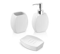 Set Accessori Bagno Completo - 3 Pezzi in Ceramica, Kit Accessori da appoggio, Include Dispenser Sapone, portaspazzolini e portasaponetta (Bianco)
