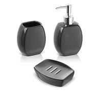 Set Accessori Bagno Completo - 3 Pezzi in Ceramica, Kit Accessori da appoggio, Include Dispenser Sapone, portaspazzolini e portasaponetta (Grigio)