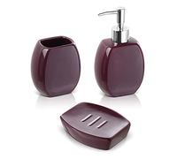 Set Accessori Bagno Completo - 3 Pezzi in Ceramica, Kit Accessori da appoggio, Include Dispenser Sapone, portaspazzolini e portasaponetta (Viola)