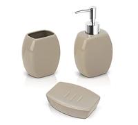 Set Accessori Bagno Completo - 3 Pezzi in Ceramica, Kit Accessori da appoggio, Include Dispenser Sapone, portaspazzolini e portasaponetta (Tortora)