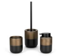 Set Accessori Bagno Completo 3 Pezzi In Ceramica Nero Opaco E Bronzo - Dispenser Sapone, Porta Spazzolino E Porta Scopino WC - Linea Teos