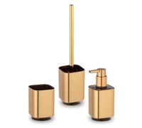 Set Accessori Bagno Completo 3 Pezzi In Plastica Pregiata Oro Satinato E Nero - Dispenser Sapone, Porta Spazzolino E Porta Scopino WC - Linea Lumina