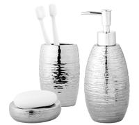 Navaris Set Accessori Bagno Completo in Ceramica - Porta Sapone Spazzolino e Dispenser - Kit per Bagni Moderni - Elegante e Facile da Pulire - Finitura Argento Effetto Spazzolato