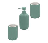 Set Accessori Bagno d'Appoggio in Ceramica Verde Opaco 3 Pezzi - Dispenser Sapone Soft-Touch e 2 Bicchieri Portaspazzolini Cannettati - Linea Spring