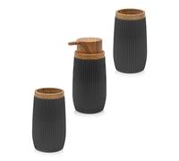 Set Accessori Bagno d'Appoggio Nero e Legno 3 Pezzi - Dispenser Sapone Liquido 400 ml e 2 Bicchieri Portaspazzolino - Kit Lavabo in Plastica Rigata Linea Blob