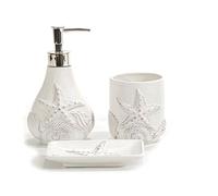 Set Accessori Bagno lavabo 3 Pezzi in Ceramica Bianca con Decorazioni Marine Conchiglie e Stella Marina Dispenser Sapone Porta Spazzolini e Porta Saponetta Design Elegante Mare per Arredo Casa