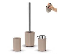 Set Accessori Bagno Moderni 3 Pezzi Linea Gummy - In Gomma Termoplastica Tortora - Dispenser, Portaspazzolino E Portascopino - Flessibile E Antiurto