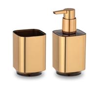 Set Accessori Bagno Moderno 2 Pezzi In Plastica Pregiata Oro Satinato E Nero - Dispenser Sapone 280 Ml E Porta Spazzolino - Linea Lumina