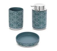 Set Accessori Bagno Turchese Cobalto 3 Pezzi, in Ceramica, Dispenser Sapone 350 ml, portaspazzolini e Porta Sapone, Serie Circus