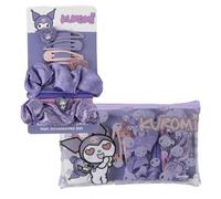 Set Accessori Capelli Kuromi Sanrio Bambina Scrunchies Elastici e Fermagli Glitterati Rosa Viola con Beauty Case Trasparente Zip Kit Acconciature Kawaii per Ragazze Idea Regalo 17x10 cm