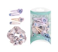 Set Accessori Capelli Stitch e Angel Disney Bambina 5 Pezzi con Scrunchie Rosa Fermagli Clic Clac e Clips con Charm Cuore Kit Acconciature Kawaii in Custodia PVC Trasparente Idea Regalo 15 x 8 x 4 cm