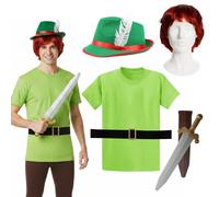 Set accessori costume Peter Pan - cappello alpino verde con piuma, parrucca...