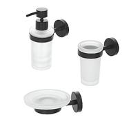 Set Accessori da Bagno 3 Pezzi in Acciaio Nero Opaco e Vetro Satinato con Fissaggio a Parete compreso di Viti