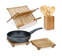 Set accessori da cucina Scolapiatti pieghevole Sottopentole in bambù 5 pz.