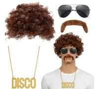 Set Accessori Disco Anni 70: Parrucca Afro + Occhiali + Baffi + Collana "DISCO" - Ideale per Costume Disco e Feste Tematiche (marrone caffè)